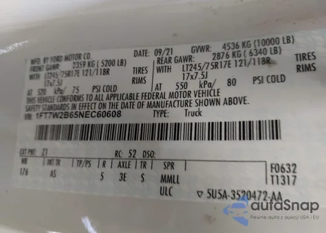 2022 Ford F-250 Xl from USA, damaged, VIN 1FT7W2B65NEC60608